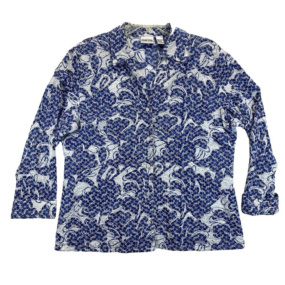 Chicos jacket Womens 3 US XL Abstract Print Button Down eyelet lace waves blue